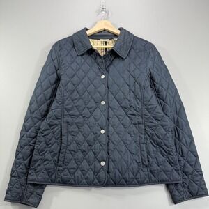 LL Bean Jacket Womens Medium Navy Blue Quilted Plaid Lined Snap Front Coat